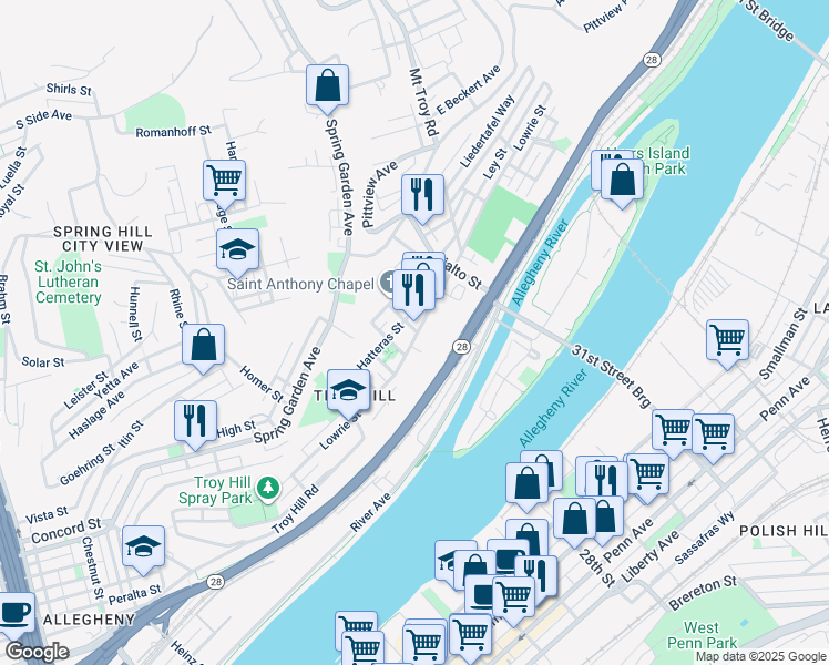 map of restaurants, bars, coffee shops, grocery stores, and more near 1635 Hatteras Street in Pittsburgh