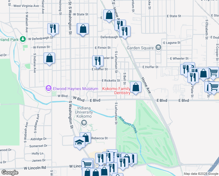 map of restaurants, bars, coffee shops, grocery stores, and more near 1921 South Market Street in Kokomo
