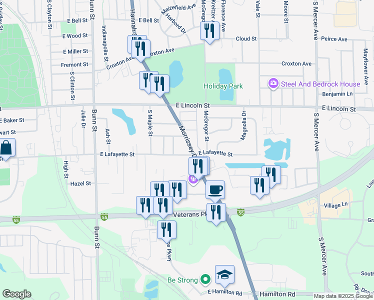 map of restaurants, bars, coffee shops, grocery stores, and more near 1205 Morrissey Drive in Bloomington
