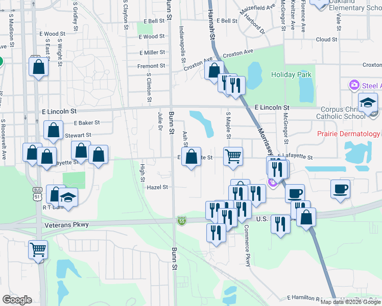 map of restaurants, bars, coffee shops, grocery stores, and more near 1002 East Lafayette Street in Bloomington