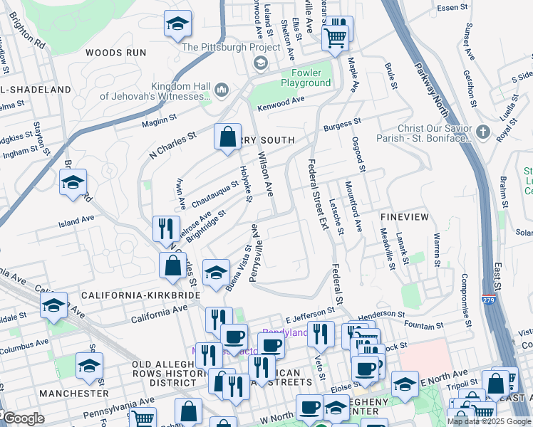 map of restaurants, bars, coffee shops, grocery stores, and more near 2025 Perrysville Avenue in Pittsburgh