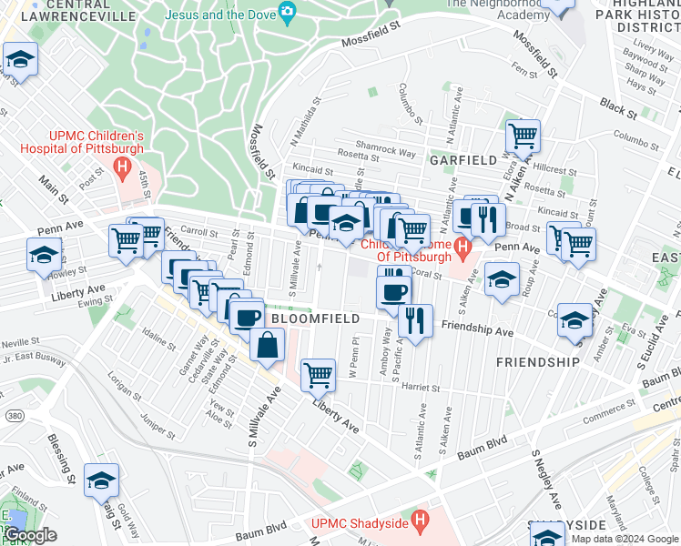 map of restaurants, bars, coffee shops, grocery stores, and more near 226 South Winebiddle Street in Pittsburgh