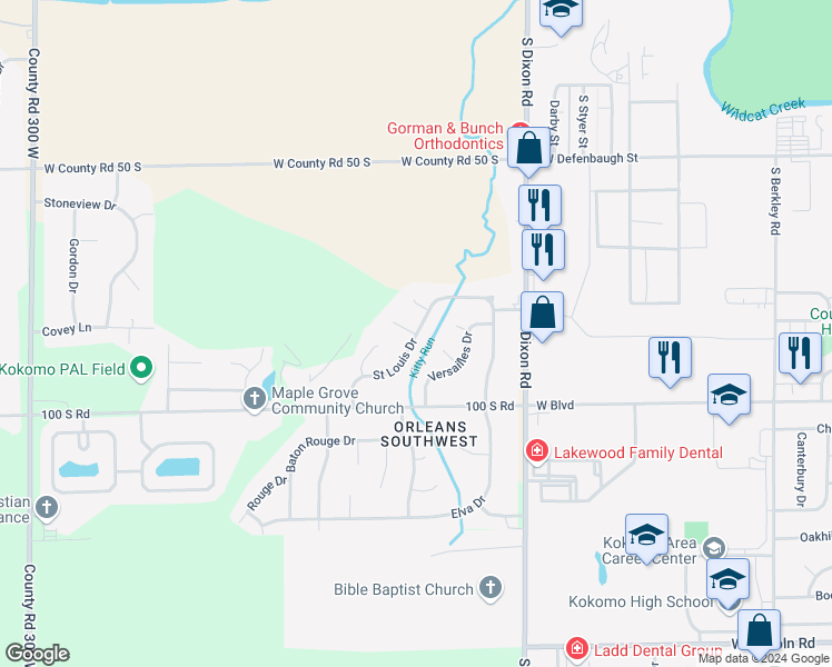 map of restaurants, bars, coffee shops, grocery stores, and more near 1899 Saint Louis Drive in Kokomo