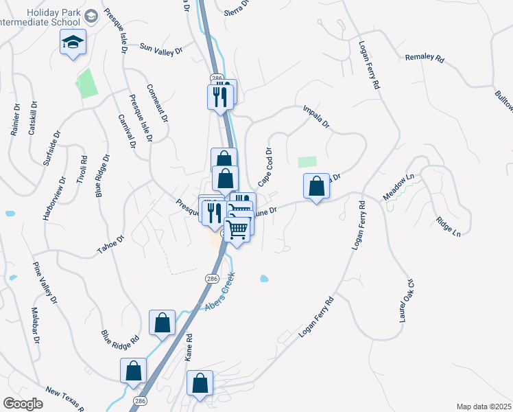 map of restaurants, bars, coffee shops, grocery stores, and more near 81 Sandune Drive in Plum