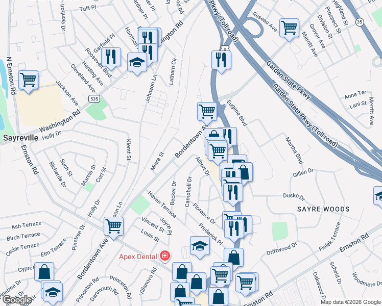 map of restaurants, bars, coffee shops, grocery stores, and more near 39 Albert Drive in Sayreville