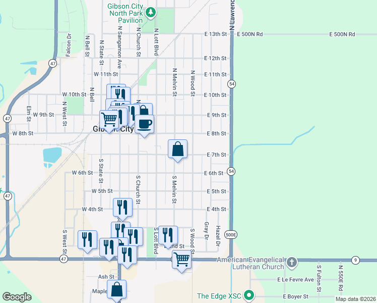 map of restaurants, bars, coffee shops, grocery stores, and more near 422 East 7th Street in Gibson City