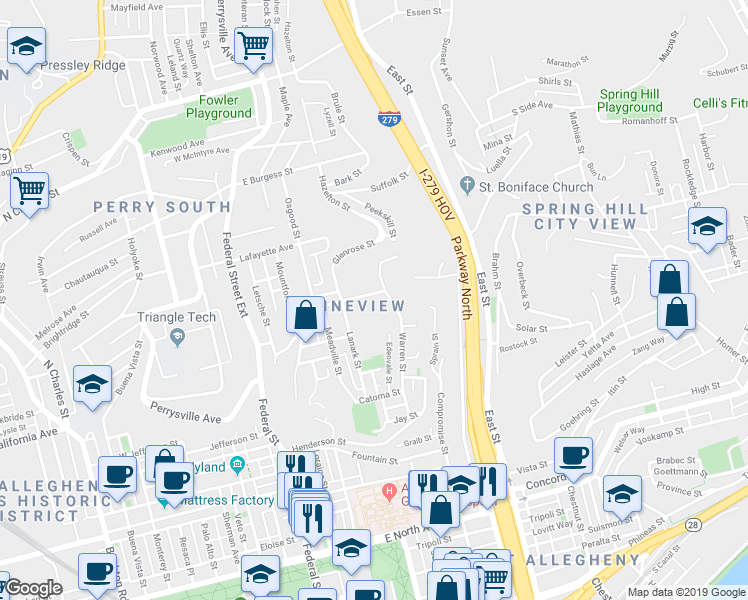 map of restaurants, bars, coffee shops, grocery stores, and more near 357 Rising Main Avenue in Pittsburgh