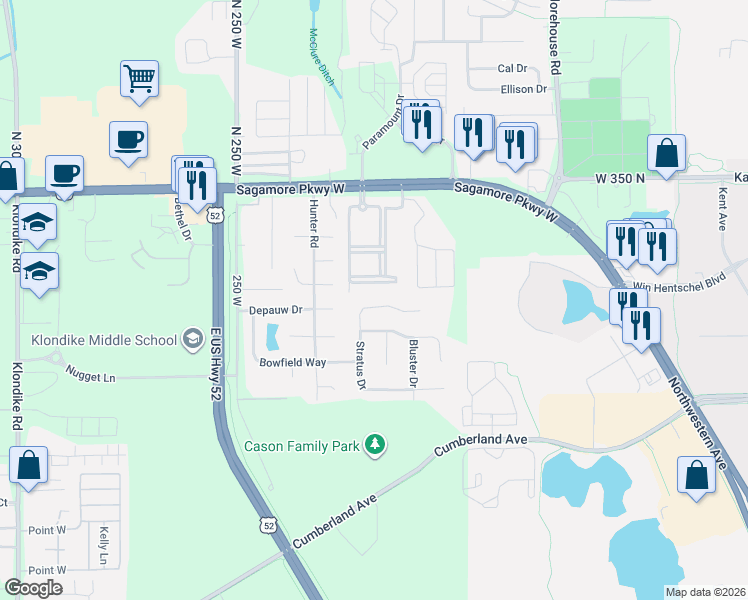 map of restaurants, bars, coffee shops, grocery stores, and more near 3196 Stratus Court in West Lafayette