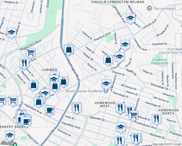 map of restaurants, bars, coffee shops, grocery stores, and more near 6703 Lyric Street in Pittsburgh