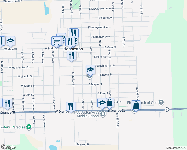 map of restaurants, bars, coffee shops, grocery stores, and more near 518 East Lincoln Street in Hoopeston