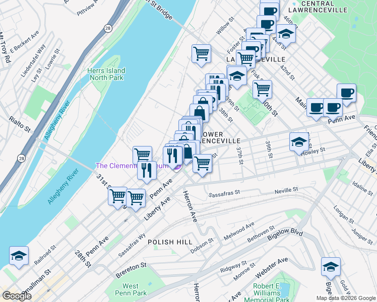 map of restaurants, bars, coffee shops, grocery stores, and more near in Pittsburgh