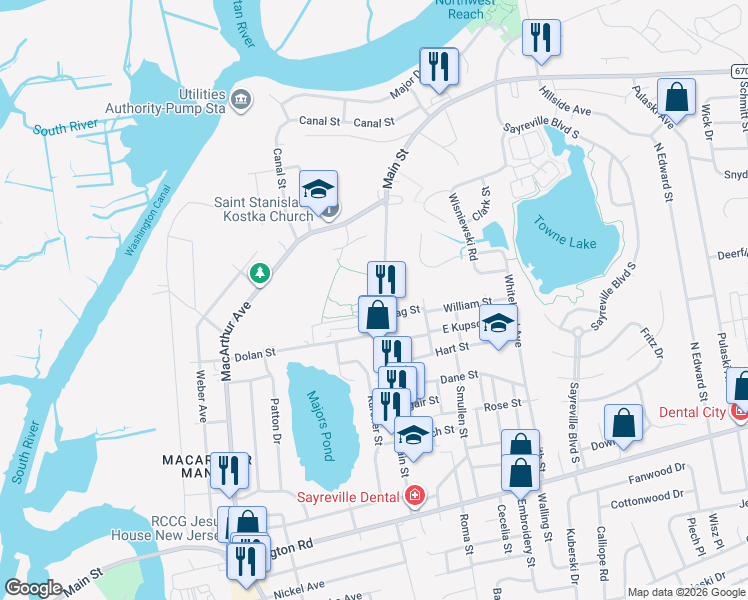 map of restaurants, bars, coffee shops, grocery stores, and more near 193 Main Street in Sayreville