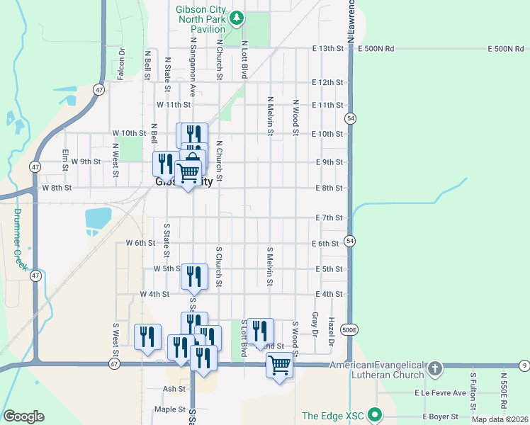 map of restaurants, bars, coffee shops, grocery stores, and more near 326 East 7th Street in Gibson City