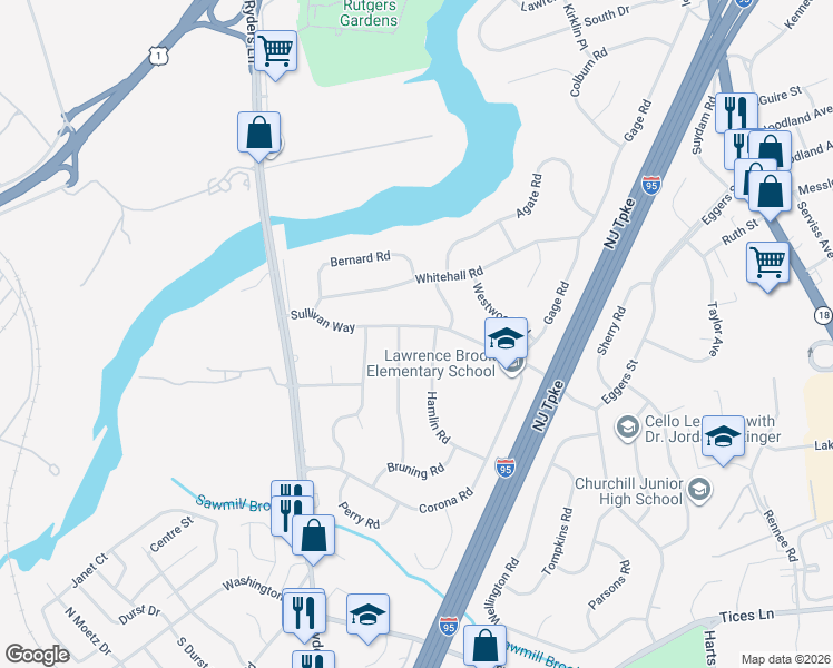 map of restaurants, bars, coffee shops, grocery stores, and more near 28 Sullivan Way in East Brunswick