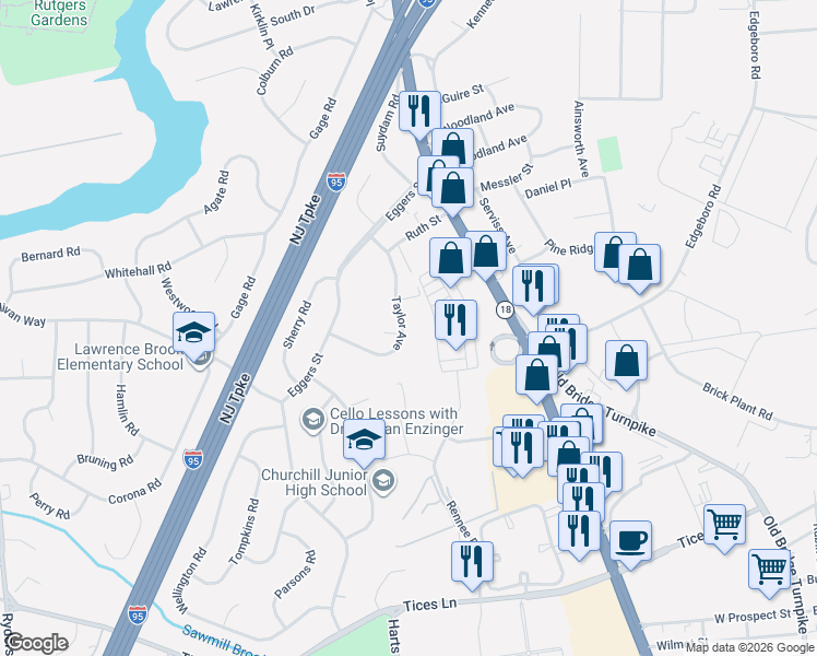 map of restaurants, bars, coffee shops, grocery stores, and more near 79 Taylor Avenue in East Brunswick