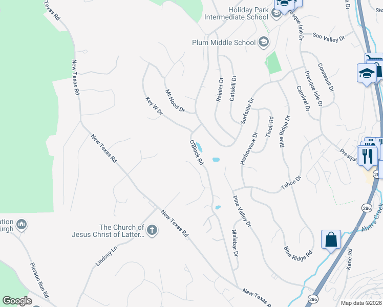 map of restaurants, bars, coffee shops, grocery stores, and more near 1307 O'Block Road in Pittsburgh