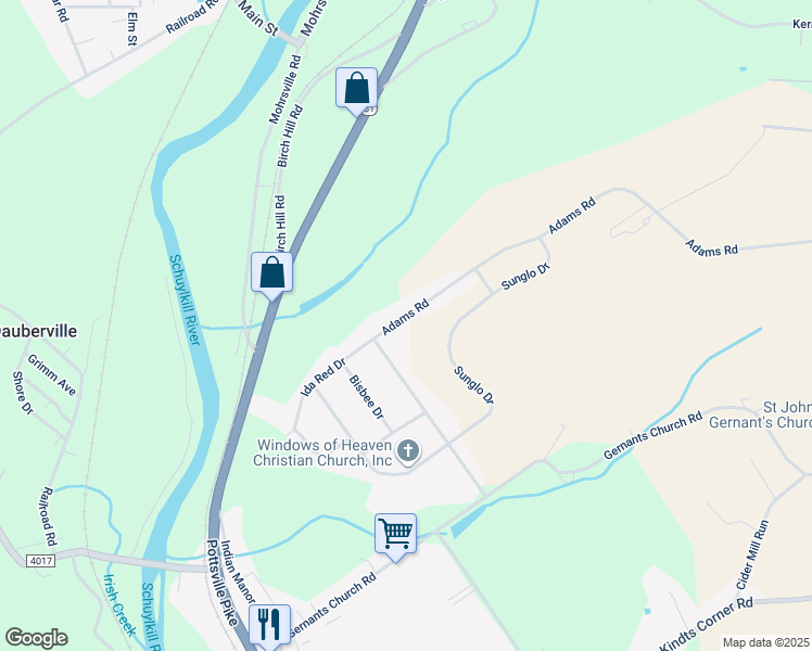 map of restaurants, bars, coffee shops, grocery stores, and more near 264 Ida Red Drive in Leesport