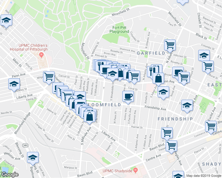 map of restaurants, bars, coffee shops, grocery stores, and more near 222 South Winebiddle Street in Pittsburgh