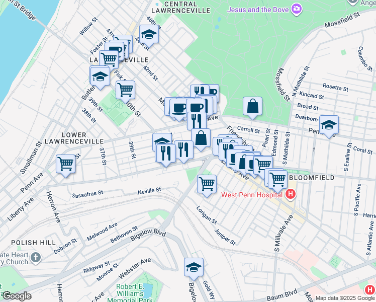map of restaurants, bars, coffee shops, grocery stores, and more near 4072 Howley Street in Pittsburgh