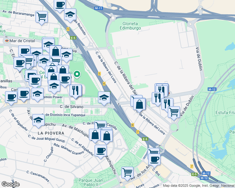 map of restaurants, bars, coffee shops, grocery stores, and more near 28 Calle de la Ribera del Loira in Madrid