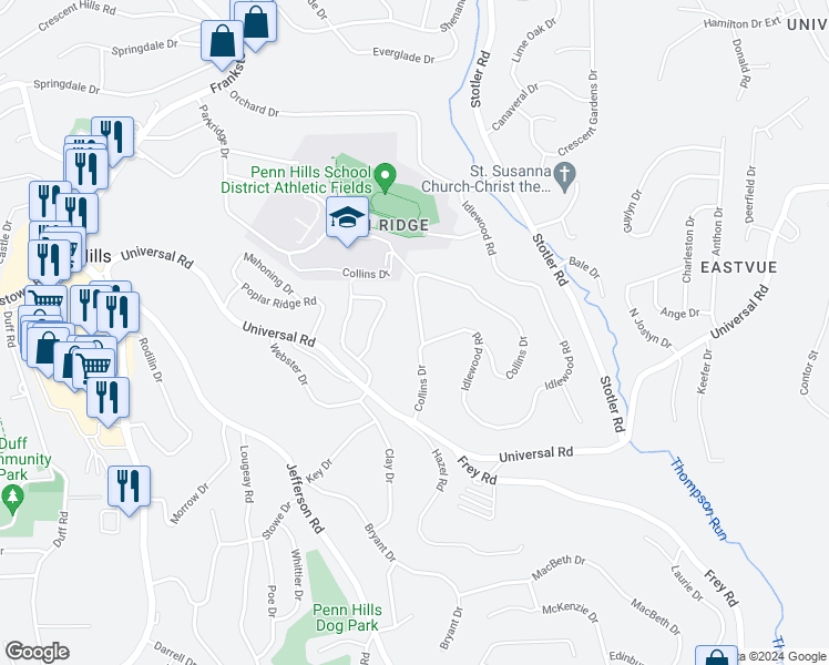 map of restaurants, bars, coffee shops, grocery stores, and more near 205 Collins Drive in Pittsburgh