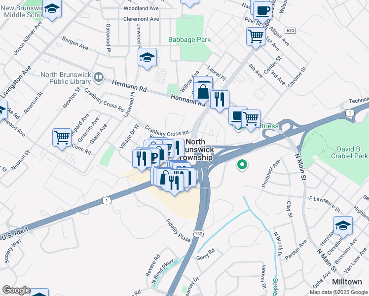 map of restaurants, bars, coffee shops, grocery stores, and more near 841 Georges Road in North Brunswick Township