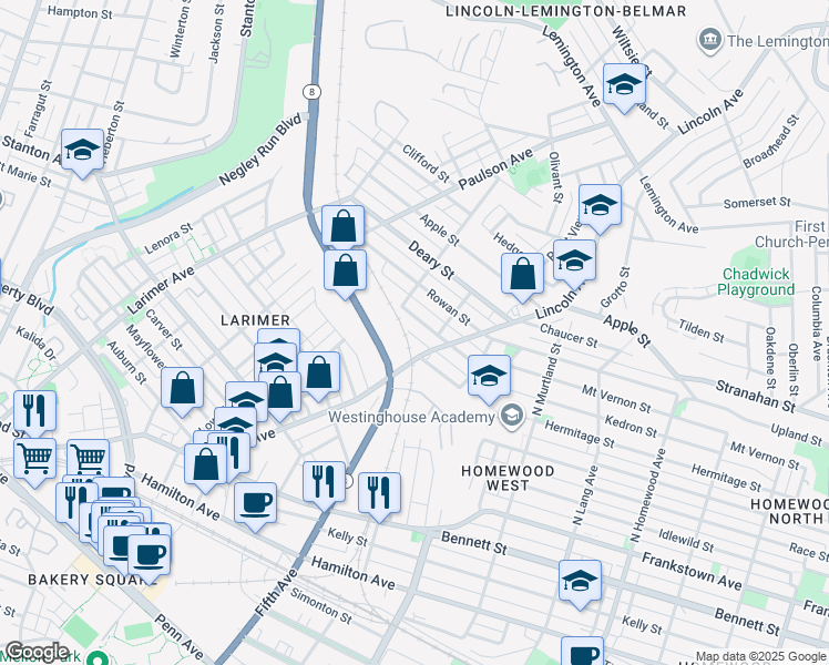 map of restaurants, bars, coffee shops, grocery stores, and more near 6613 Tennis Street in Pittsburgh