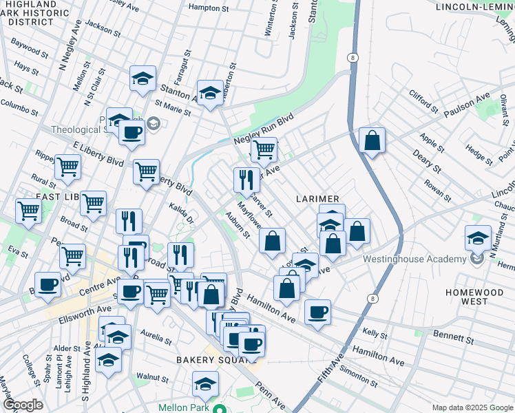 map of restaurants, bars, coffee shops, grocery stores, and more near 141 Carver Street in Pittsburgh