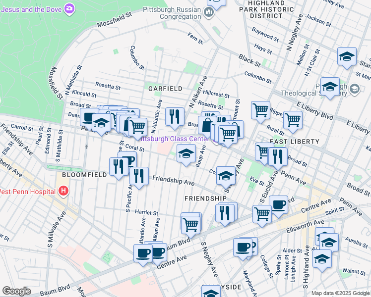 map of restaurants, bars, coffee shops, grocery stores, and more near 113 South Graham Street in Pittsburgh