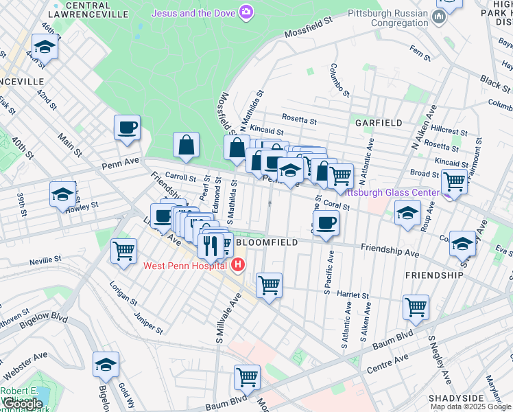 map of restaurants, bars, coffee shops, grocery stores, and more near 224 South Millvale Avenue in Pittsburgh