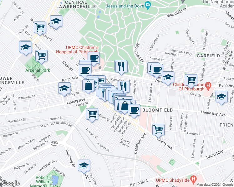map of restaurants, bars, coffee shops, grocery stores, and more near 4618 Friendship Avenue in Pittsburgh