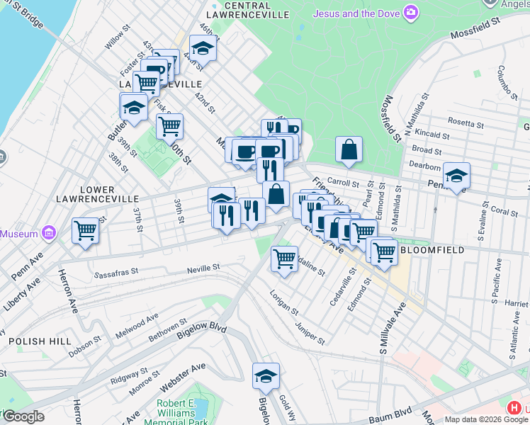 map of restaurants, bars, coffee shops, grocery stores, and more near 4072 Howley Street in Pittsburgh