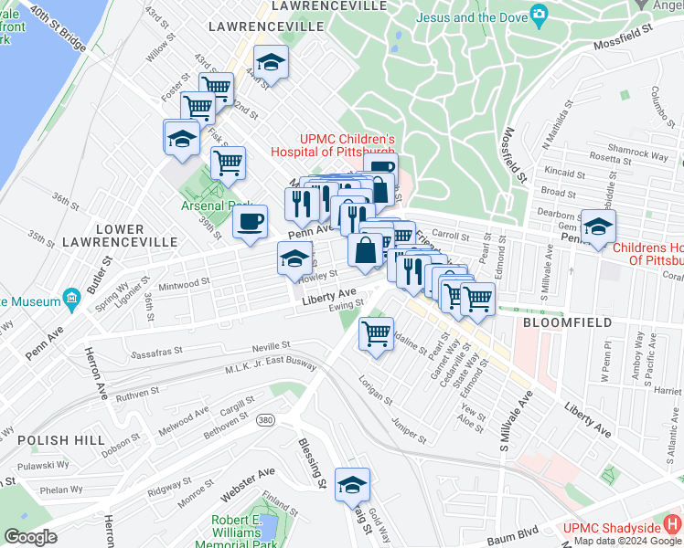map of restaurants, bars, coffee shops, grocery stores, and more near 4072 Howley Street in Pittsburgh