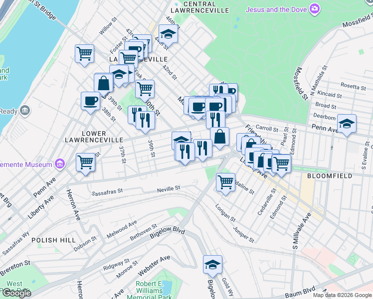map of restaurants, bars, coffee shops, grocery stores, and more near 411 40th Street in Pittsburgh