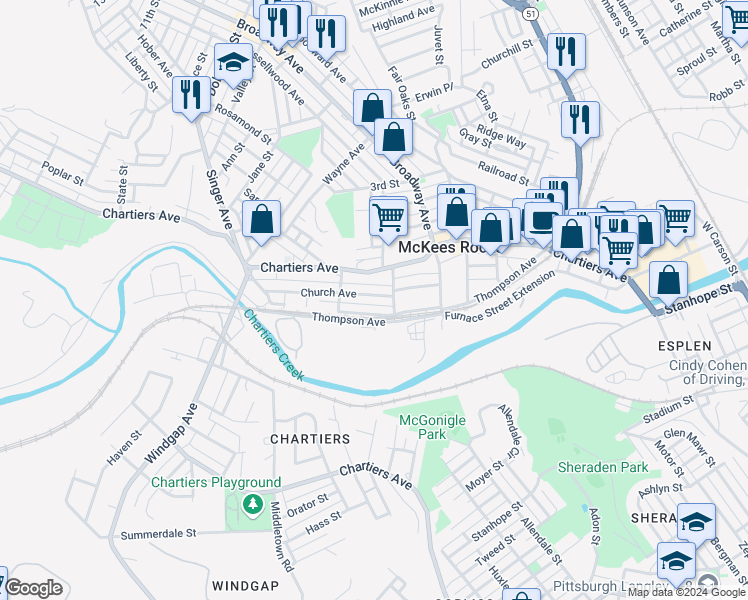 map of restaurants, bars, coffee shops, grocery stores, and more near 1107 Church Avenue in McKees Rocks