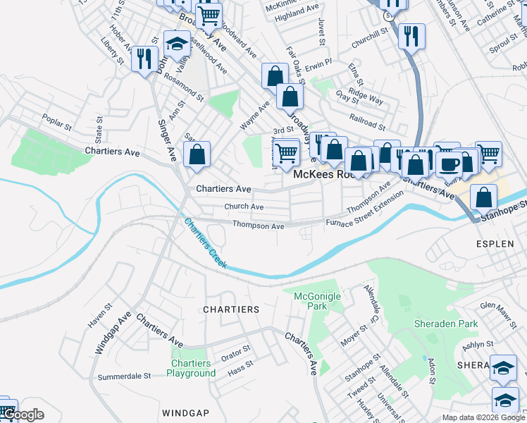 map of restaurants, bars, coffee shops, grocery stores, and more near 1147 Church Avenue in McKees Rocks