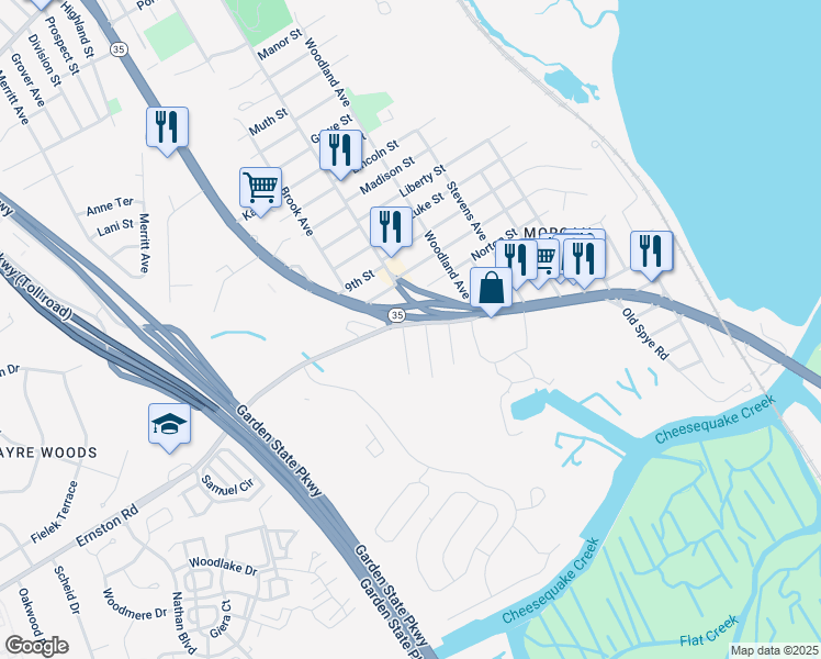 map of restaurants, bars, coffee shops, grocery stores, and more near 364 Lorraine Avenue in South Amboy