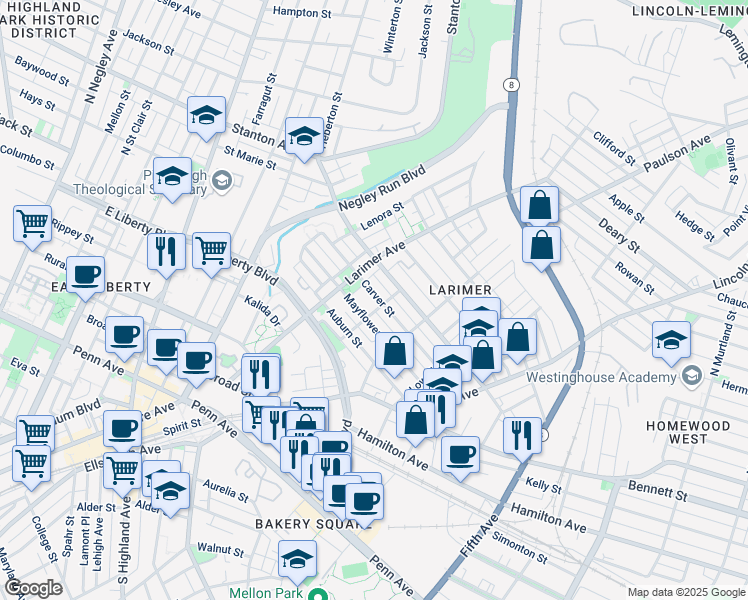 map of restaurants, bars, coffee shops, grocery stores, and more near 141 Carver Street in Pittsburgh