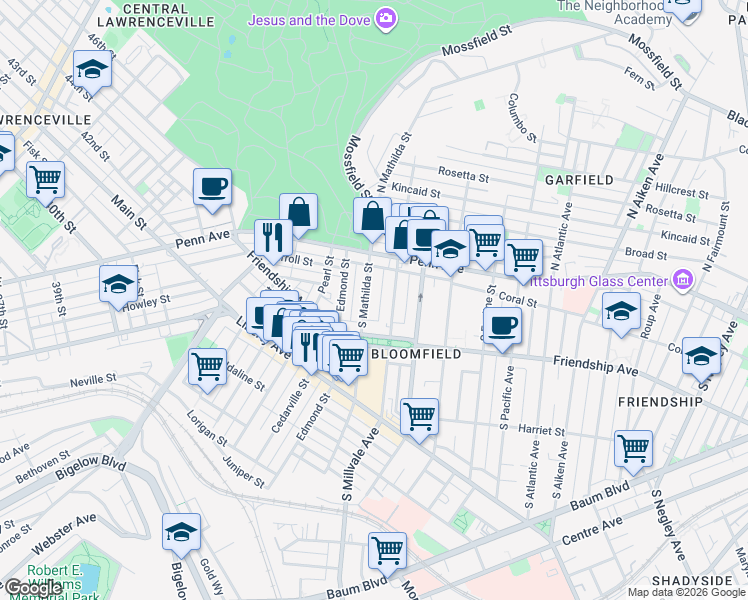 map of restaurants, bars, coffee shops, grocery stores, and more near 239 South Mathilda Street in Pittsburgh