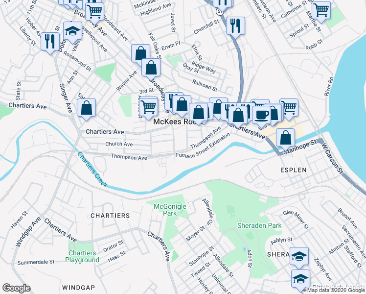 map of restaurants, bars, coffee shops, grocery stores, and more near 312 Thompson Avenue in McKees Rocks