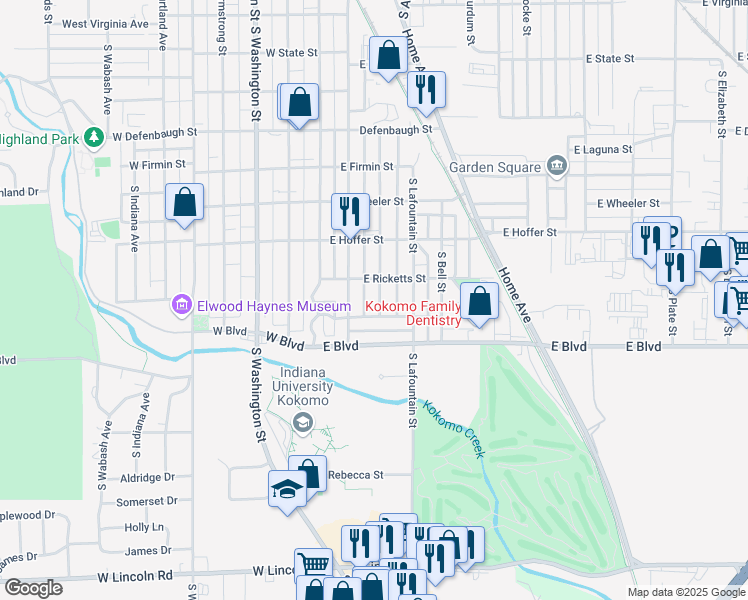 map of restaurants, bars, coffee shops, grocery stores, and more near 1921 South Market Street in Kokomo