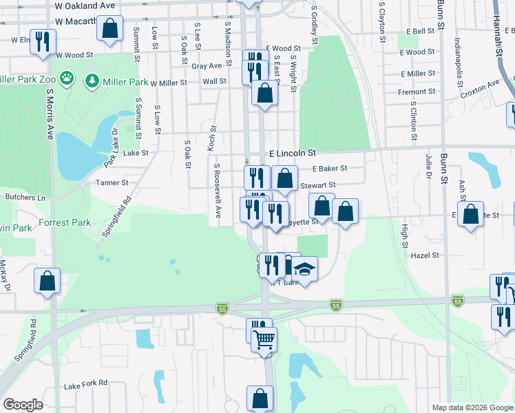 map of restaurants, bars, coffee shops, grocery stores, and more near 1513 South Main Street in Bloomington