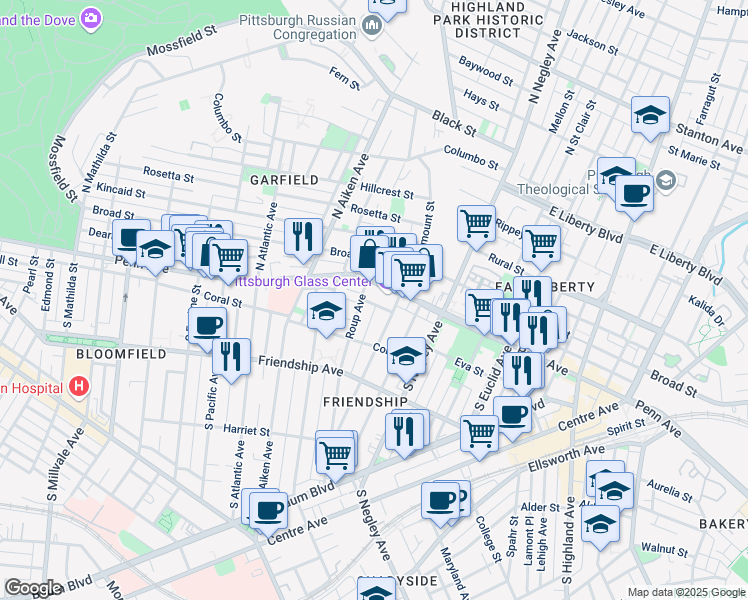 map of restaurants, bars, coffee shops, grocery stores, and more near 5 Clarendon Place in Pittsburgh