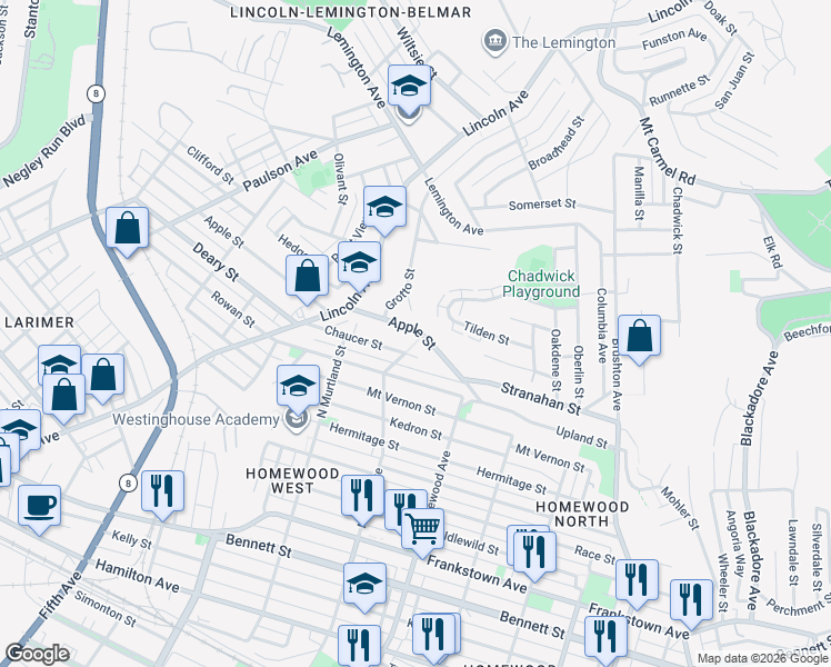 map of restaurants, bars, coffee shops, grocery stores, and more near 1617 North Lang Avenue in Pittsburgh