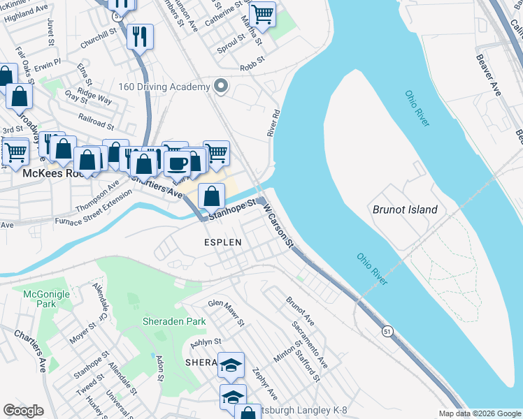 map of restaurants, bars, coffee shops, grocery stores, and more near 3405 West Carson Street in Pittsburgh