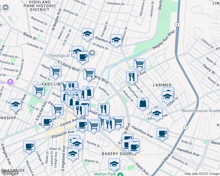 map of restaurants, bars, coffee shops, grocery stores, and more near 6262 East Liberty Boulevard in Pittsburgh