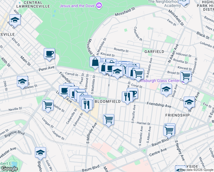 map of restaurants, bars, coffee shops, grocery stores, and more near 221 Gross Street in Pittsburgh