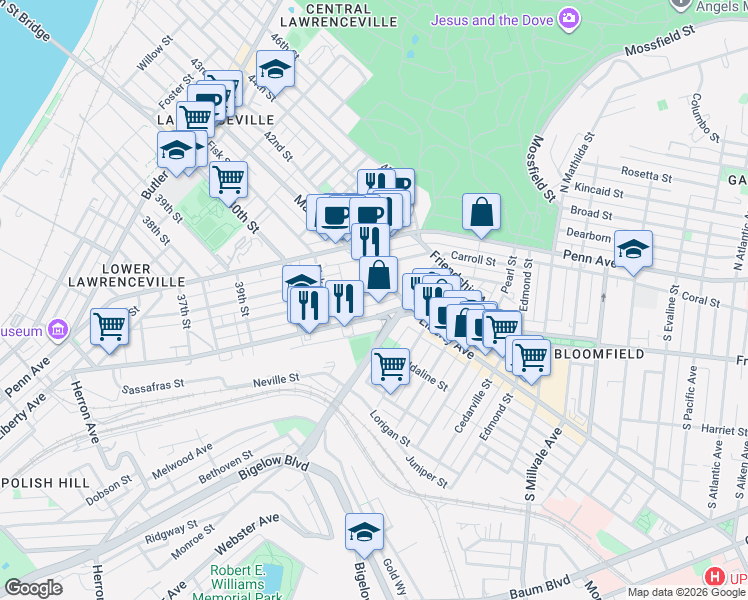 map of restaurants, bars, coffee shops, grocery stores, and more near 4072 Howley Street in Pittsburgh