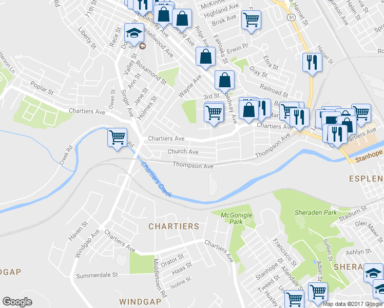 map of restaurants, bars, coffee shops, grocery stores, and more near 1147 Church Avenue in McKees Rocks