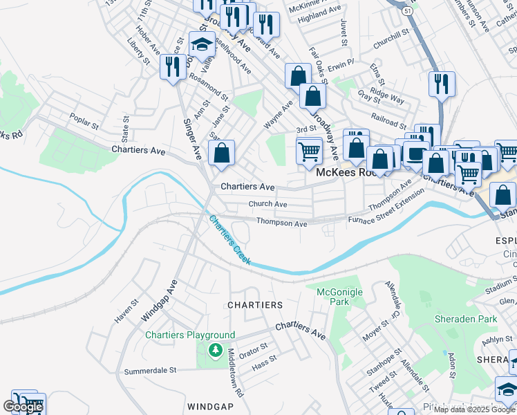map of restaurants, bars, coffee shops, grocery stores, and more near 1221 Church Avenue in McKees Rocks